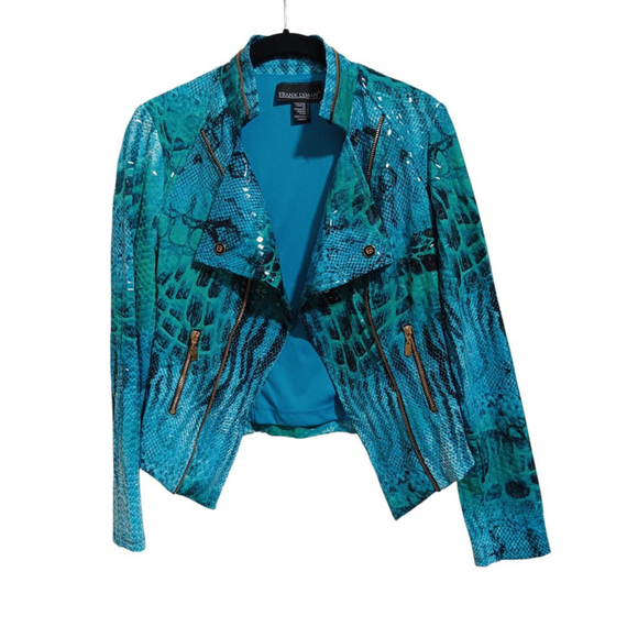 Frank Lyman Design Turquoise Python Snake Print Open Front Moto Jacket Gold Zips - Picture 10 of 14